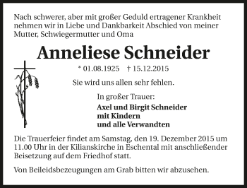 Traueranzeige von Anneliese Schneider 
