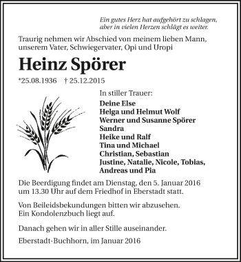 Traueranzeige von Heinz Spörer 