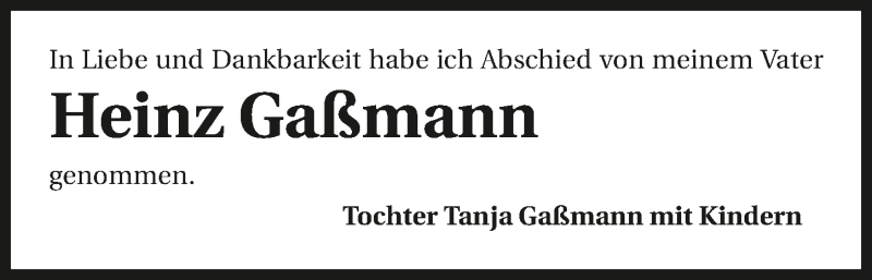  Traueranzeige für Heinz Gaßmann vom 17.09.2015 aus 