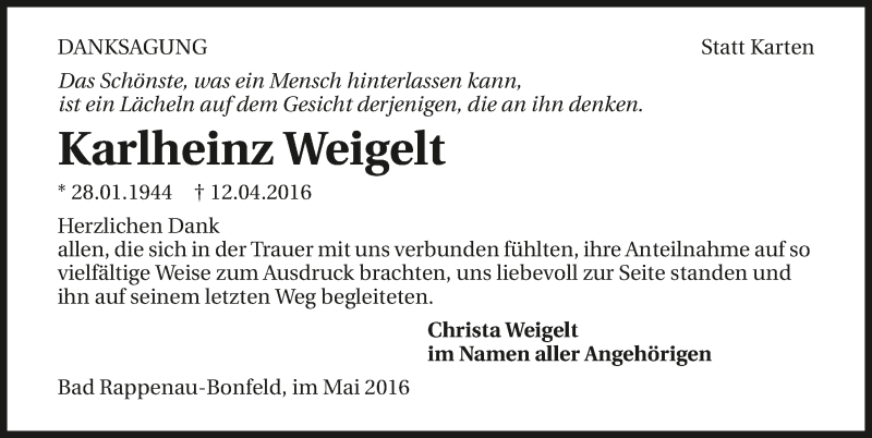  Traueranzeige für Karlheinz Weigelt vom 14.05.2016 aus 