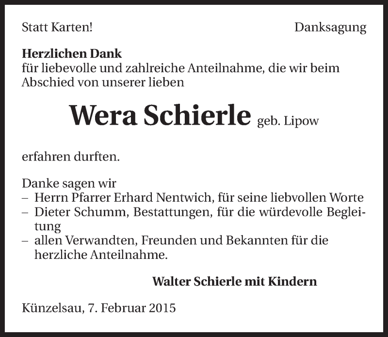 Traueranzeige für Wera Schierle vom 07.02.2015 aus 