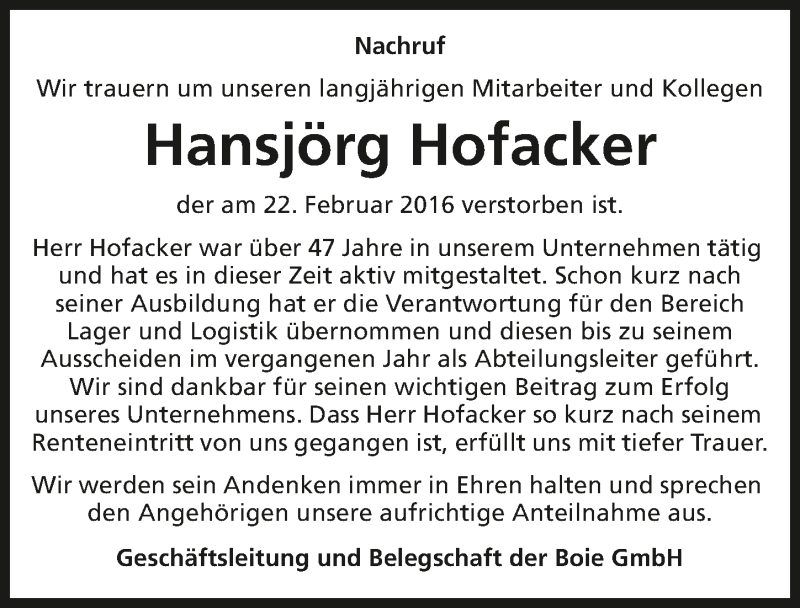  Traueranzeige für Hansjörg Hofacker vom 26.02.2016 aus 