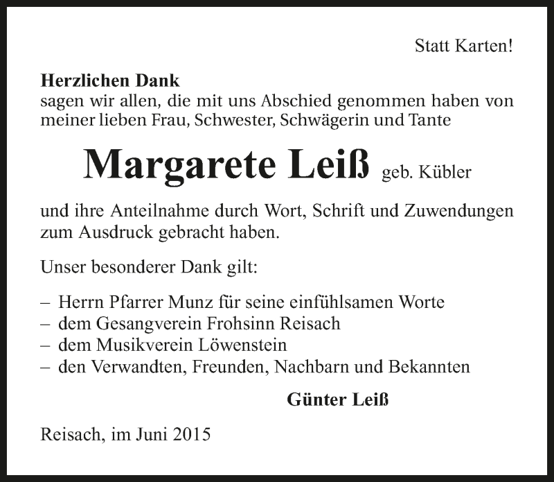  Traueranzeige für Margarete Leiß vom 26.06.2015 aus 