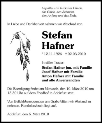 Traueranzeige von Stefan Hafner 