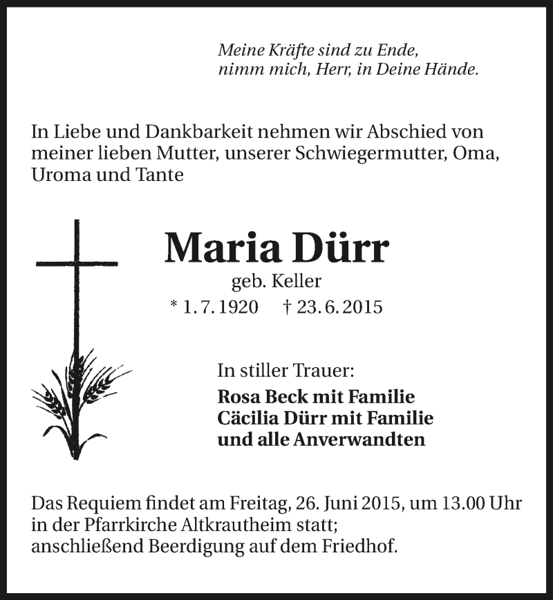  Traueranzeige für Maria Dürr vom 25.06.2015 aus 