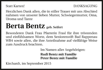 Traueranzeige von Berta Bentz 