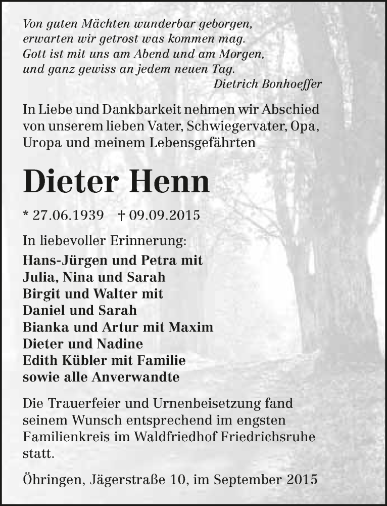  Traueranzeige für Dieter Henn vom 23.09.2015 aus 