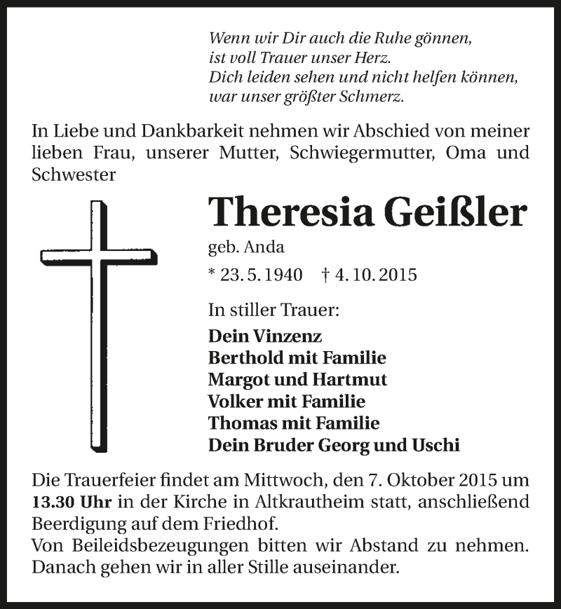  Traueranzeige für Theresia Geißler vom 06.10.2015 aus 