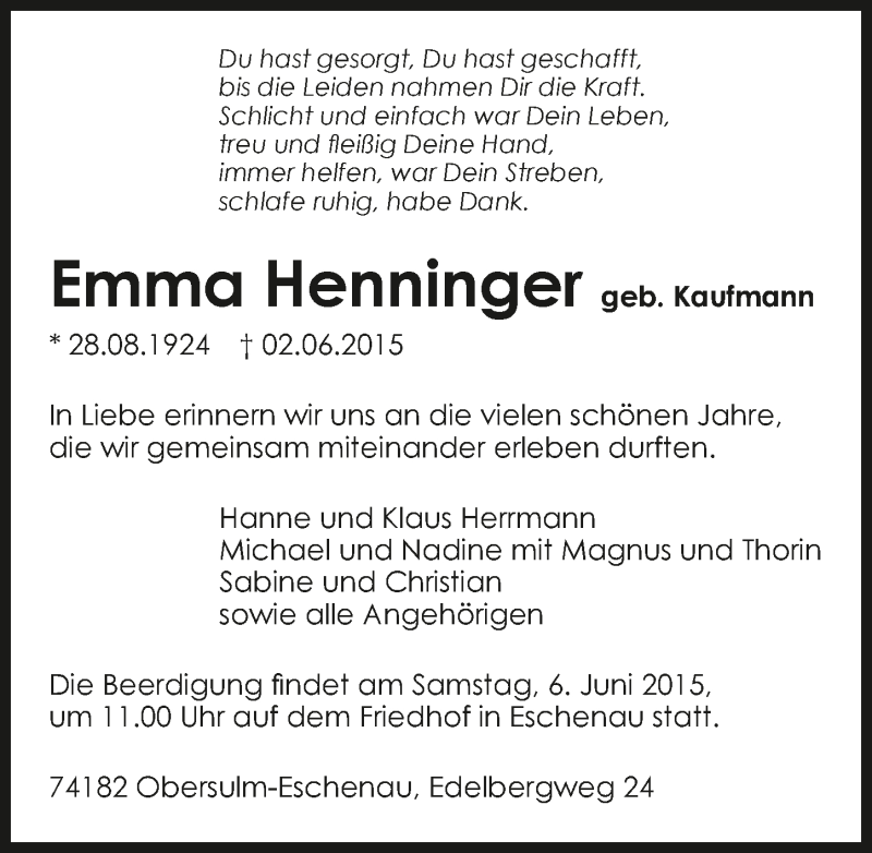  Traueranzeige für Emma Henninger vom 05.06.2015 aus 