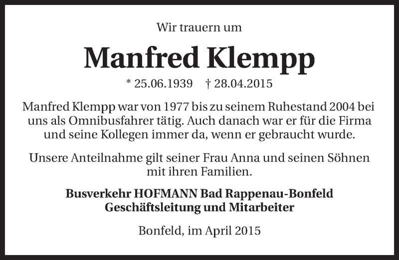  Traueranzeige für Manfred Klempp vom 02.05.2015 aus 