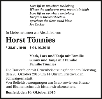 Traueranzeige von Horst Tönnies 