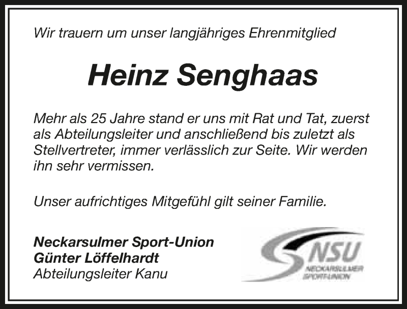  Traueranzeige für Heinz Senghaas vom 03.12.2015 aus 
