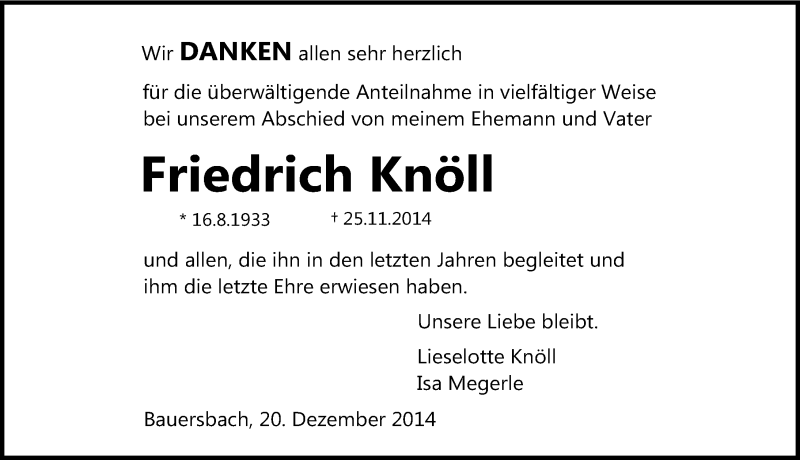  Traueranzeige für Friedrich Knöll vom 20.12.2014 aus 