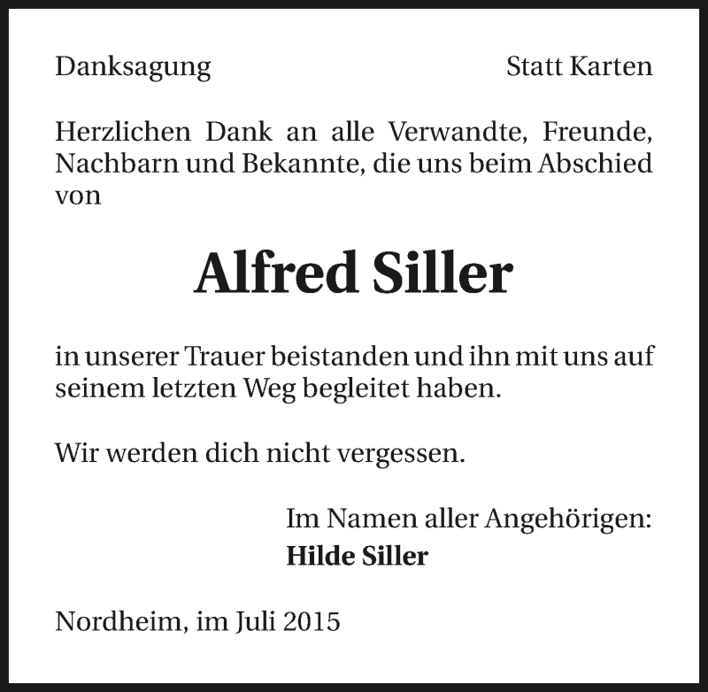  Traueranzeige für Alfred Siller vom 18.07.2015 aus 