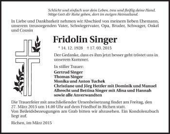 Traueranzeige von Fridolin Singer 