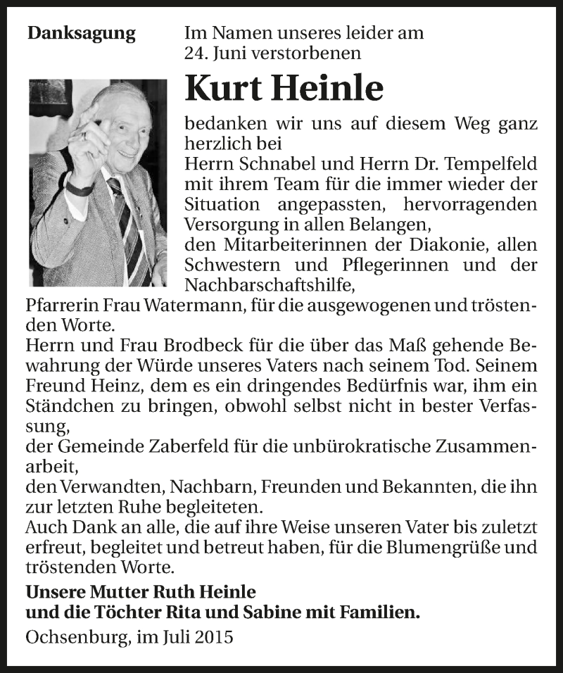  Traueranzeige für Kurt Heinle vom 04.07.2015 aus 