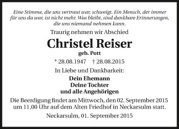 Traueranzeige von Christel Reiser 