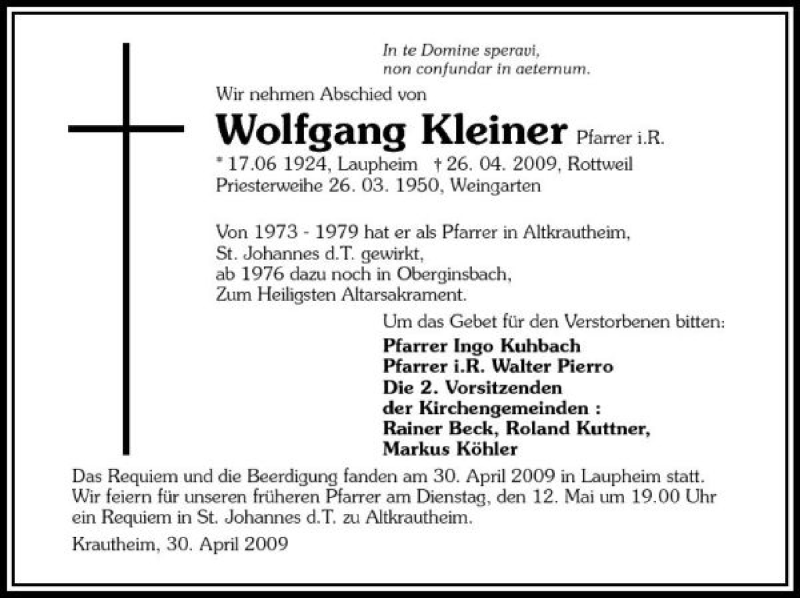  Traueranzeige für Wolfgang Kleinel vom 02.05.2009 aus 