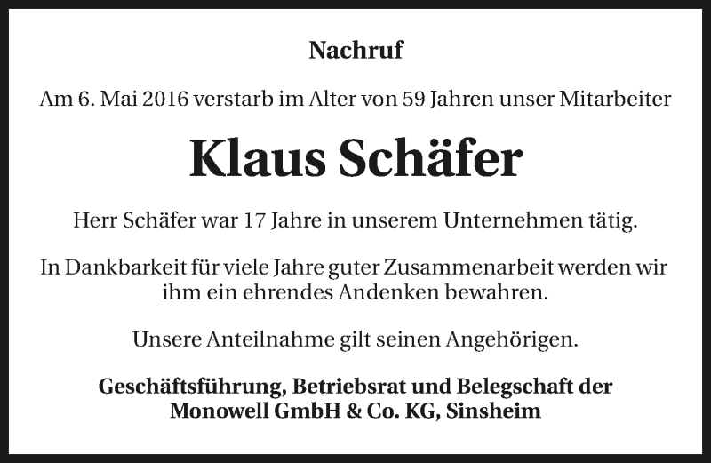  Traueranzeige für Klaus Schäfer vom 12.05.2016 aus 