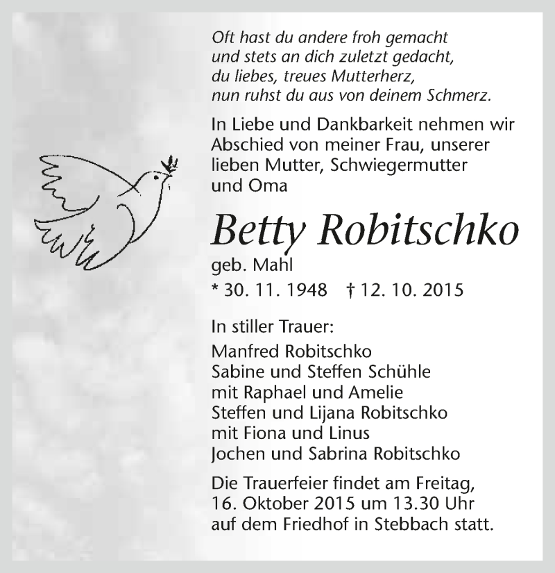  Traueranzeige für Betty Robitschko vom 15.10.2015 aus 
