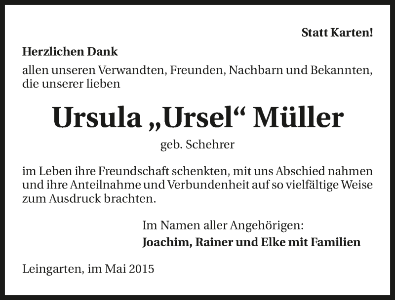  Traueranzeige für Ursula Müller vom 30.05.2015 aus 
