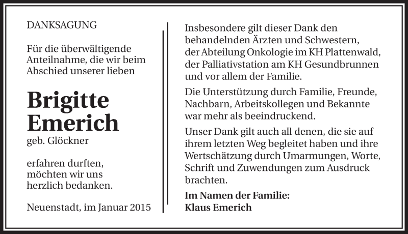  Traueranzeige für Brigitte Emerich vom 10.01.2015 aus 