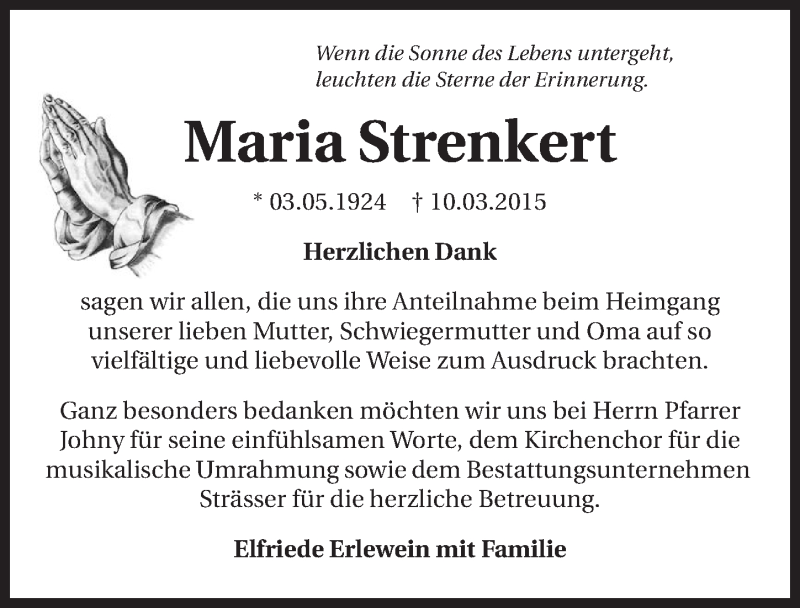  Traueranzeige für Maria Strenkert vom 28.03.2015 aus 