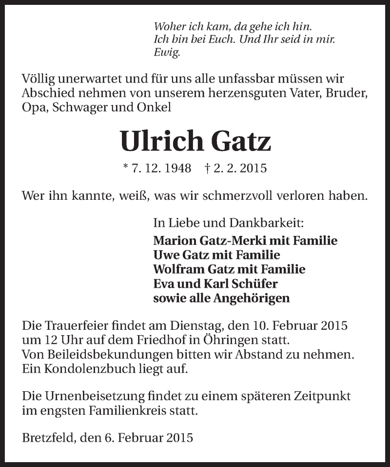 Traueranzeige für Ulrich Gatz vom 06.02.2015 aus 