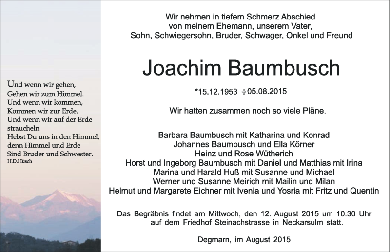  Traueranzeige für Joachim Baumbusch vom 10.08.2015 aus 