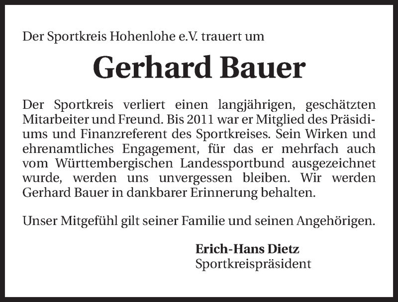  Traueranzeige für Gerhard Bauer vom 22.05.2015 aus 