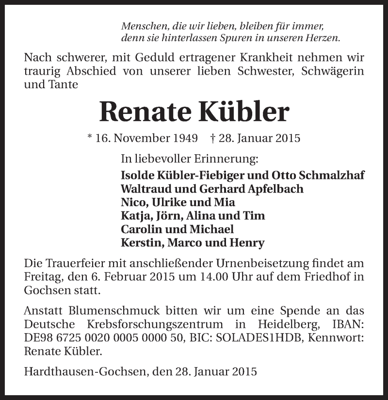  Traueranzeige für Renate Kübler vom 04.02.2015 aus 