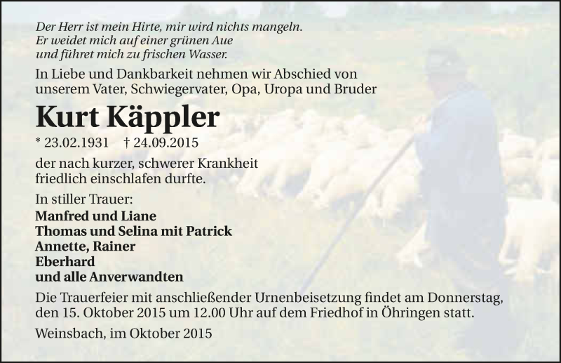  Traueranzeige für Kurt Käppler vom 12.10.2015 aus 