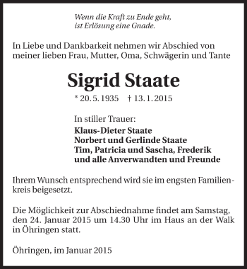 Traueranzeige von Sigrid Staate 