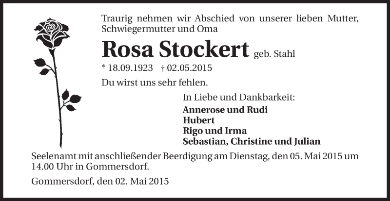  Traueranzeige für Rosa Stockert vom 04.05.2015 aus 