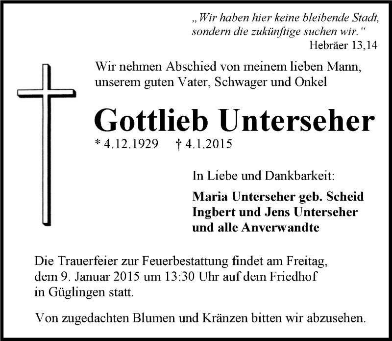  Traueranzeige für Gottlieb Unterseher vom 07.01.2015 aus 