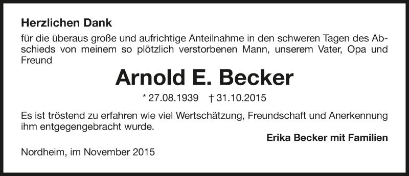  Traueranzeige für Arnold Becker vom 19.11.2015 aus 