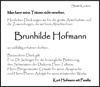 Traueranzeige von Brunhilde Hofmann 