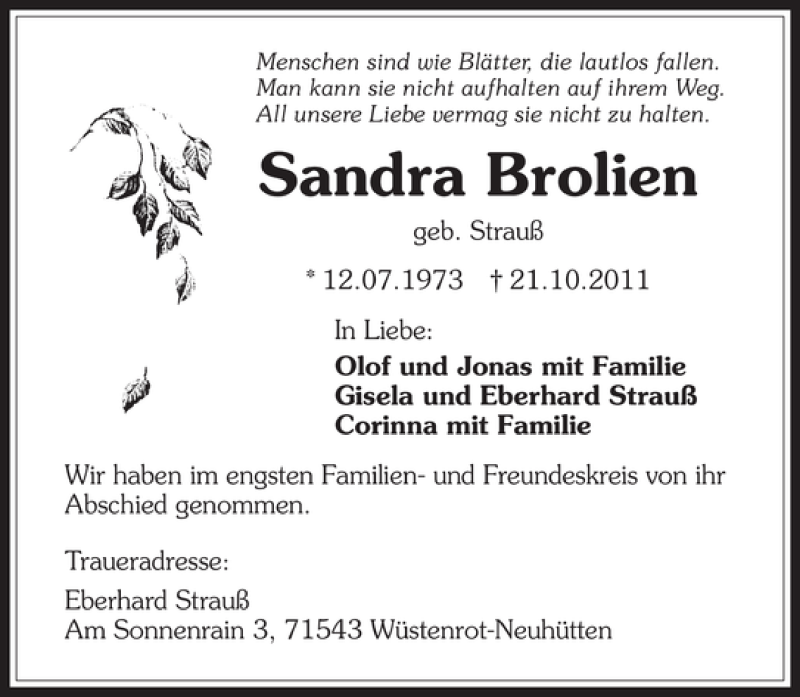  Traueranzeige für Sandra Brolien vom 31.10.2011 aus 