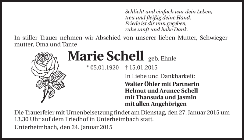  Traueranzeige für Marie Schell vom 24.01.2015 aus 