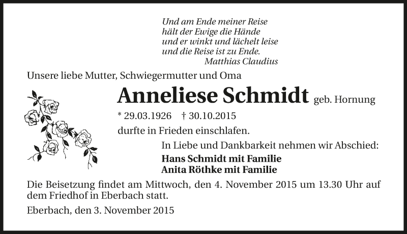  Traueranzeige für Anneliese Schmidt vom 03.11.2015 aus 