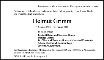 Traueranzeige von Helmut Grimm 