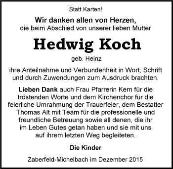 Traueranzeige von Hedwig Koch 