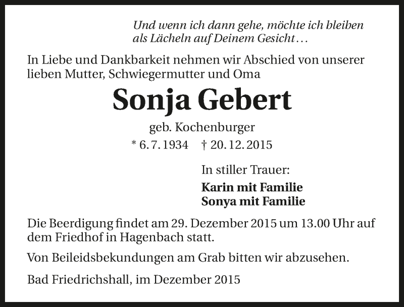  Traueranzeige für Sonja Gebert vom 24.12.2015 aus 