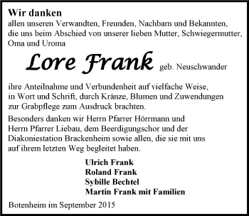 Traueranzeige von Lore Frank 