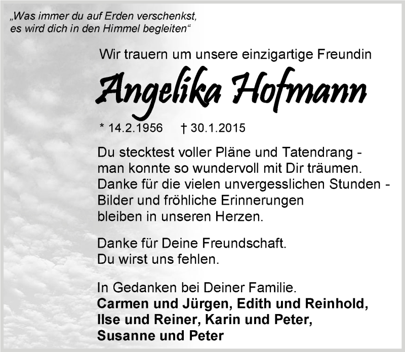  Traueranzeige für Angelika Hofmann vom 04.02.2015 aus 