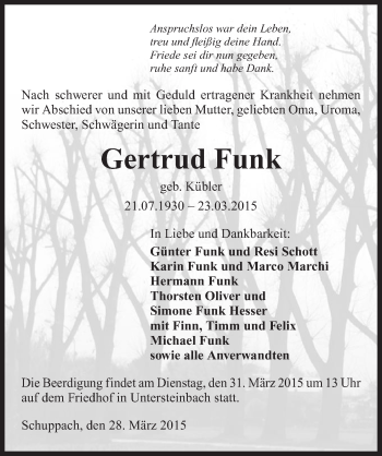Traueranzeige von Gertrud Funk 
