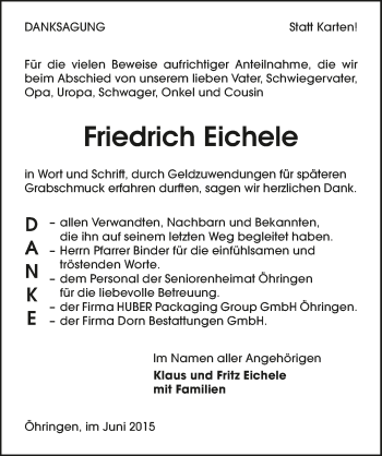 Traueranzeige von Friedrich Eichele 