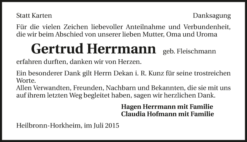  Traueranzeige für Gertrud Herrmann vom 11.07.2015 aus 
