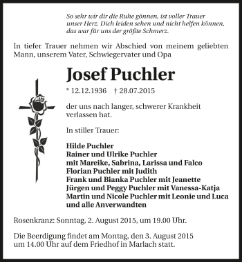 Traueranzeige von Josef Puchler 