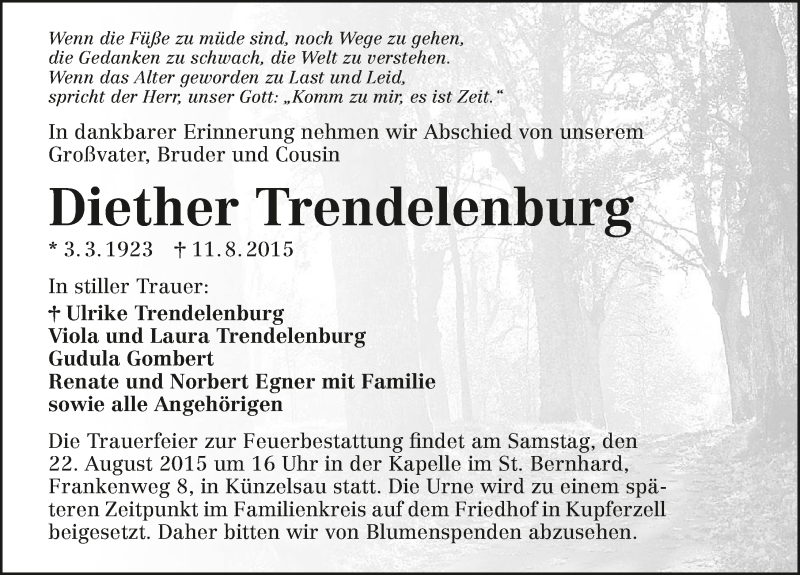  Traueranzeige für Dieter Trendelenburg vom 19.08.2015 aus 